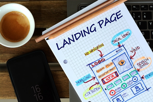 A graph paper with a hand-drawn diagram labeled "Landing Page," showing a layout plan with headings for logo, social icons, CTA buttons, video, and screenshots, placed on a laptop keyboard next to a cup of coffee and a smartphone.