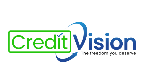 Logo with the text "Credit Vision" in green and blue, featuring a curved arrow.